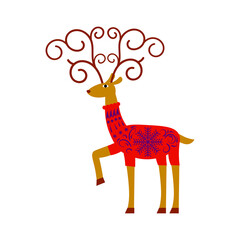 Cartoon doodle Christmas holidays deer in sweater  in flat style isolated on white background. Vector illustration. 