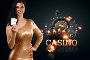 A beautiful young girl in a gold dress holds playing cards in her hands on a dark background, casino reboot. Banner concept for casino, poker, gambling, croupier, header for the site.