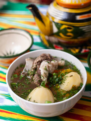  Surpa Soup from Boiled beef, potatoes and onions according to an oriental recipe. Eastern cuisine, national dish