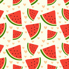 Cute watermelon slice seamless pattern in flat style. Fruit dotted background with hearts. Wrapping paper, fabric, textile. Vector illustration. 