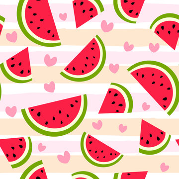 Cute watermelon slice seamless pattern in flat style. Fruit striped background with hearts. Wrapping paper, fabric, textile. Vector illustration. 