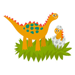 Cute dinosaurs family, mother and baby in the nest. Dinosaur hatches from an egg. Prehistoric animals isolated on white background. Vector illustration. 