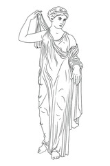 An ancient Greek woman stands and puts on a dress. Figure isolated on white background.