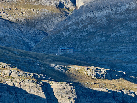 G&oacute;riz shelter, at the base of the lost mountain, at 2200 meters of altitude, photographed from the "cola de caballo" viewpoint, Aragonese Pyrenees, Spain