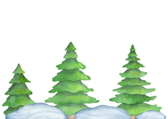 Watercolor Christmas trees. Holiday card with snow covered tree