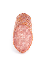 Salami smoked sausage piece isolated on white background. Salami, salami smoked sausage. Smoked meat. Meat products. Ingredients for the sandwich.