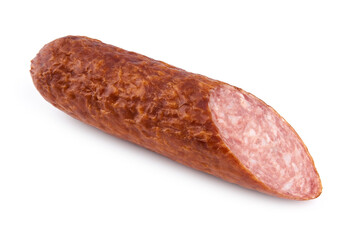 Salami smoked sausage piece isolated on white background. Salami, salami smoked sausage. Smoked meat. Meat products. Ingredients for the sandwich.
