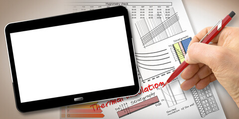 Engineer writing formulas and diagrams about thermal insulation and buildings energy efficiency -...