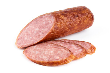 Salami smoked sausage piece isolated on white background. Salami, salami smoked sausage. Smoked meat. Meat products. Ingredients for the sandwich.