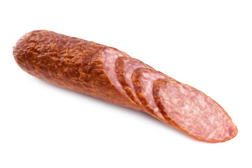 Salami smoked sausage piece isolated on white background. Salami, salami smoked sausage. Smoked meat. Meat products. Ingredients for the sandwich.