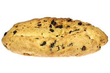 freshly baked traditional Saxon Christmas Stollen still without powdered sugar finish isolated on white background