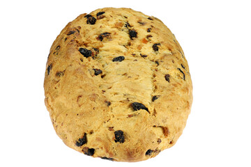 freshly baked traditional Saxon Christmas Stollen still without powdered sugar finish isolated on white background