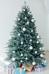 Christmas tree pine with gift decoration decor balls garlands new year interior