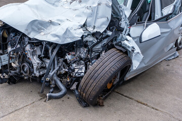 Totalschaden: zerstörtes Auto nach einem schweren Verkehrsunfall - Wrack eines Autos