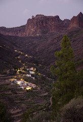 Village and ravine of El Juncal at sunset. The Nublo Rural Park. Tejeda. Gran Canaria. Canary Islands. Spain.