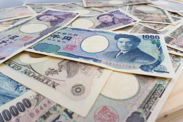 Japanese money yen bundle background various value business concept