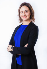 Beautiful young positive woman in black jacket studio portrait