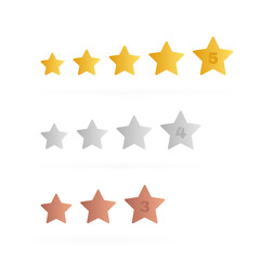 Stars label with different level of grade. Five, four and three stars rating. Customer product rating review. Modern vector illustration