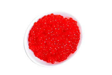 Red caviar in the white ceramic bowl isolated on white. Traditional Russian delicacy