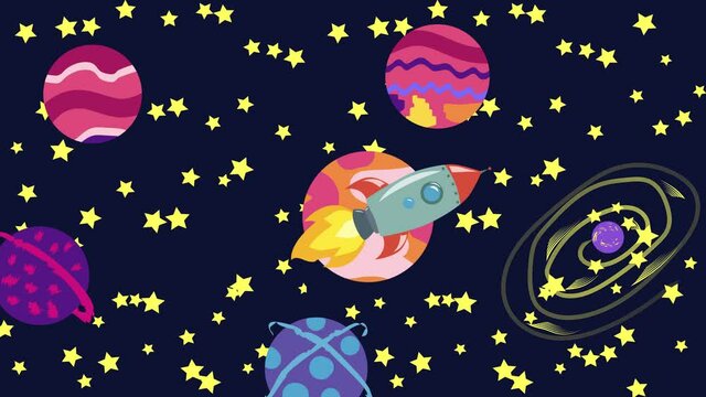 Cartoon Space. Cartoon rocket flies in outer space past the suspended planets, satellites and other objects. Flat loopback animation.
