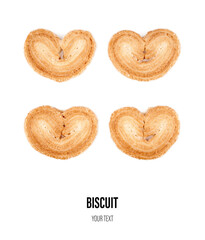 Puff pastry cookies. Fresh puff pastry cookies in the shape of a heart. Classic French pastries. Pig ear, elephant ear cookies, French hearts. Heart shaped puff pastry isolated on white background