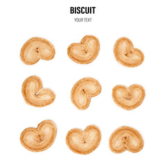 Puff pastry cookies. Fresh puff pastry cookies in the shape of a heart. Classic French pastries. Pig ear, elephant ear cookies, French hearts. Heart shaped puff pastry isolated on white background