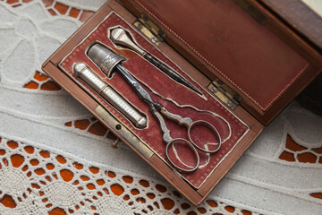 Vintage sewing kit, close up photo