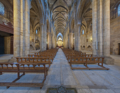 Ourense, Spain. February, 2018. Central nave of the cathedral of San Marti&ntilde;o seen from the bottom