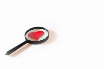 The heart and the magnifier isolated on white background