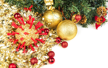 Golden Christmas coronavirus and other baubles isolated on white background