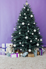 Christmas tree with gift decoration decor balls garlands new year interior