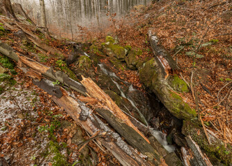 Waterfall under Cernava in east Moravia region in autumn winter cold day