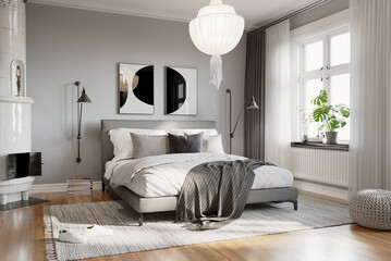 3d rendering of agrey elegant Scandinavian style bedroom with a koushi lamp and a tranditional heater © Michael