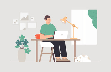Home office concept young freelancer man working at home with laptop in cozy room- lamp green flower in pot. Flat style cartoon vector illustration.
