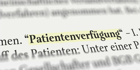 Patientenverfügung im Buch mit Textmarker markiert