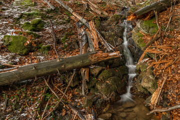 Waterfall under Cernava in east Moravia region in autumn winter cold day