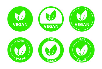 Vegan icon set. Bio, ecology, organic logos and badges, label, tag. Green leaf on white background. Vector illustration.