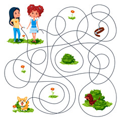 Two girls walked with dogs on leashes. Guess whose dog ran away? Children's picture puzzle with a maze of entangled lines.
