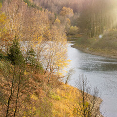 Naklejka na ściany i meble autumn landscape with river and forest