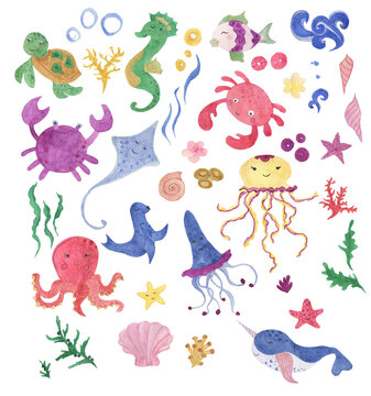 Watercolor painting set of cute sea animals: seahorse, octopus, jellyfish, crab,fur seal, turtle, whale. Design elements for baby showers, birthday cards