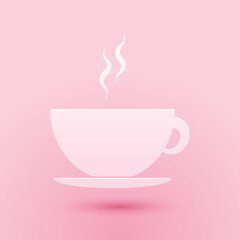 Paper cut Coffee cup icon isolated on pink background. Tea cup. Hot drink coffee. Paper art style. Vector.