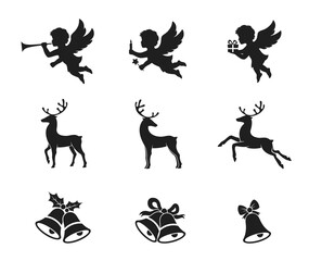 Christmas angel, deer and bells icon set. New Year and Christmas symbols