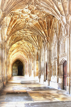 Gloucester Cathedral Interior Colorful Painting Looks Like Picture, Gloucester, Gloucestershire, UK.