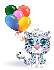 Fototapeta premium Cartoon snow leopard with expressive eyes. Wild animals, character, childish cute style.