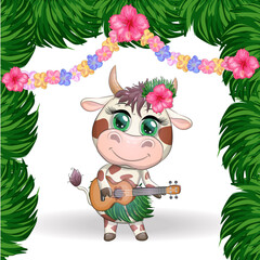 Cute cartoon bull, cow with beautiful eyes, Hawaiian hula dancer character with ukulele guitar among leaves, flowers. Chinese new year cute bull mascot