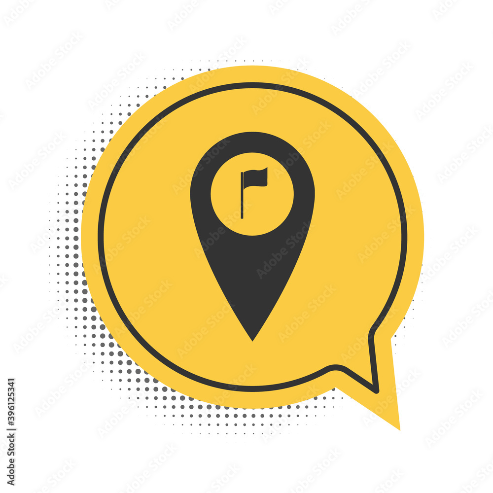 Poster black map pointer with golf flag icon isolated on white background. location marker symbol. yellow s