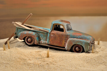 diorama camioneta de juguete vieja y oxidada 
