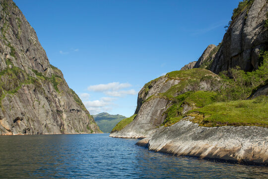 Entrance to the Trollfjord (Trollfjorden) - a fjord in Hadsel Municipality in Nordland county, Norway