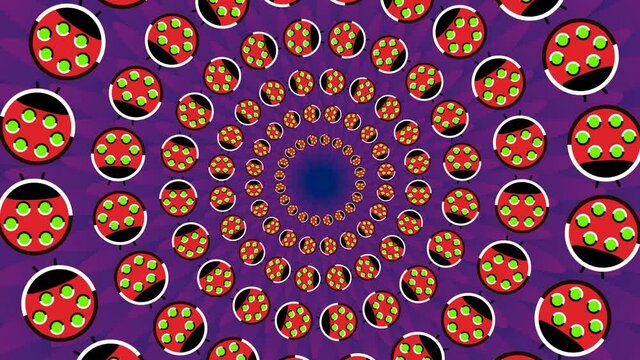 Spinning background with running in circles in different directions stylized ladybugs, seamless loop footage