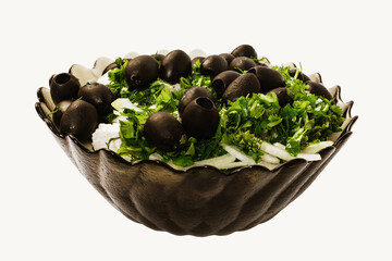 Vegan salad with green spices, salted cheese and olive